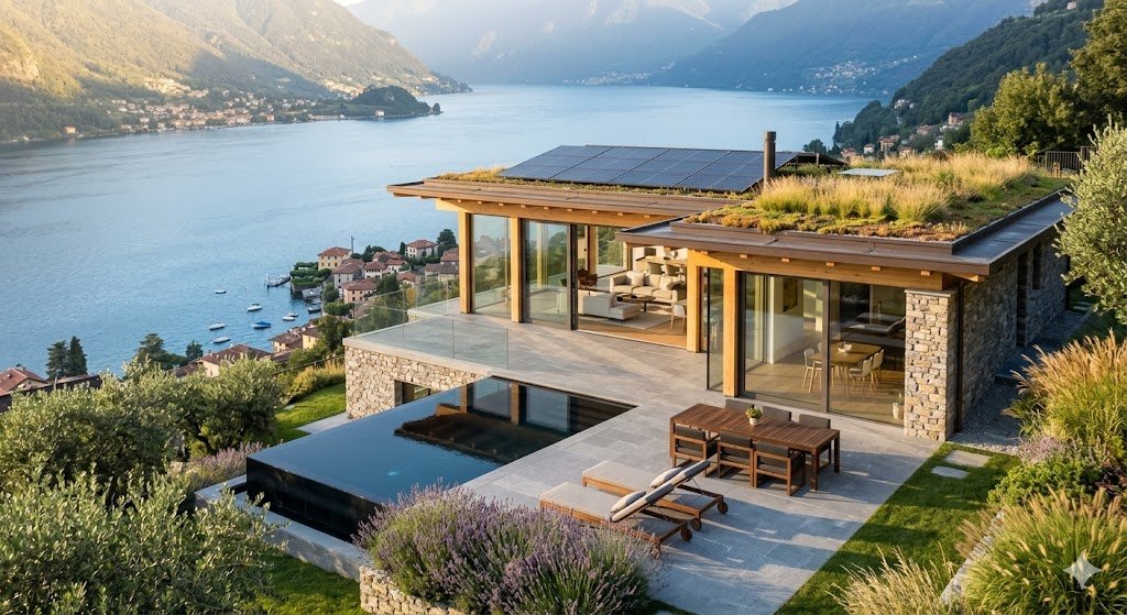 Una fotografia di una villa moderna arroccata su una collina che si affaccia su un lago alpino (Lago di Como o Maggiore). La villa ha un design audace con grandi vetrate, rivestimenti in legno chiaro, tetti verdi e un impianto solare. Una piscina a sfioro si fonde con il lago sullo sfondo.